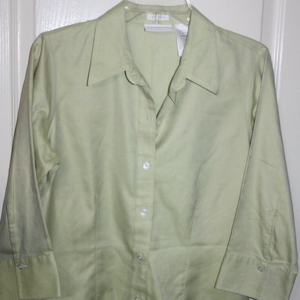 Liz Claiborne Sage Green 3/4 sleeve Blouse 100% cotton No iron size 8 EUC
